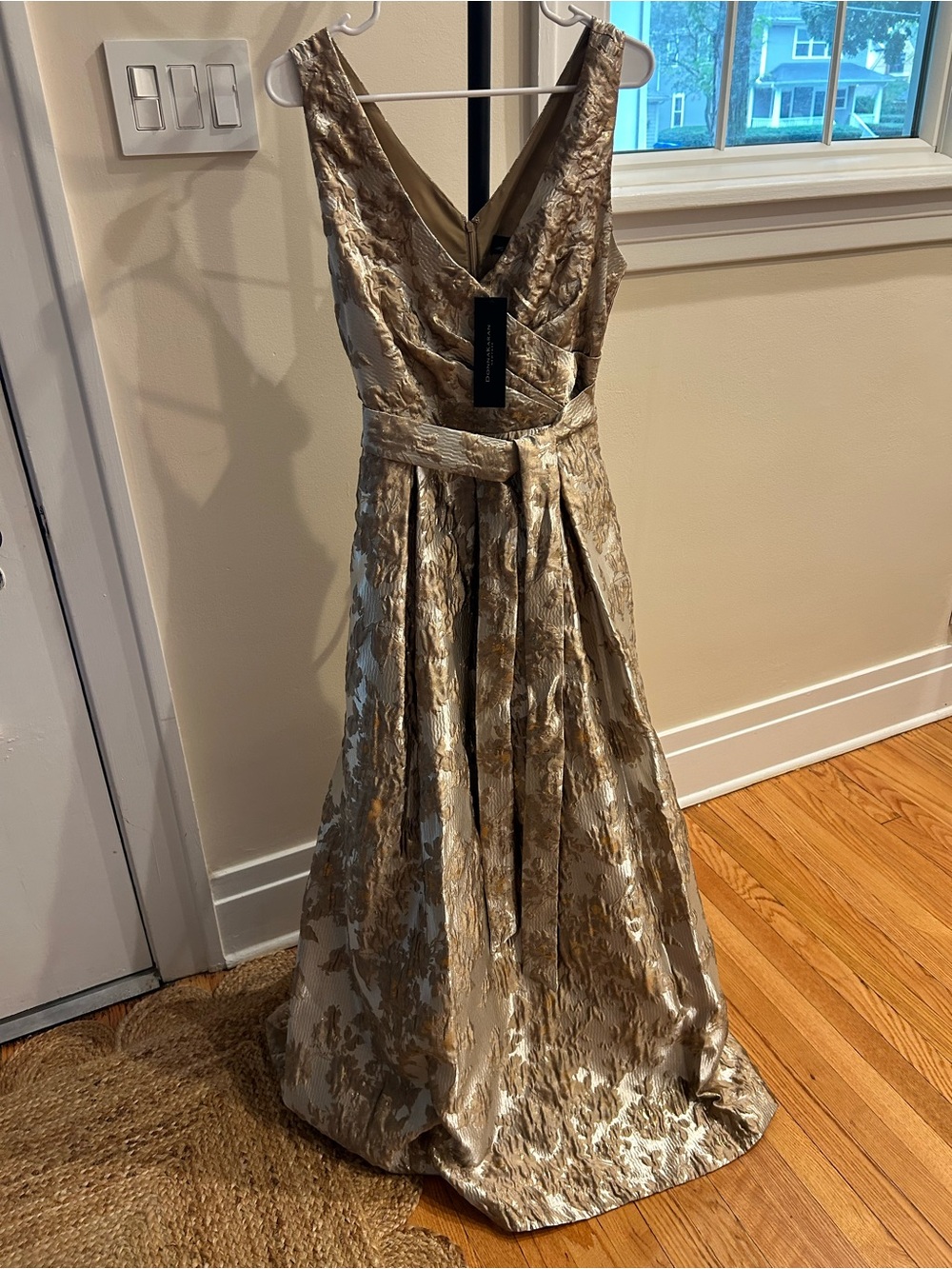 Donna Karan Gold Floral Jacquard V-Neck Maxi Dress